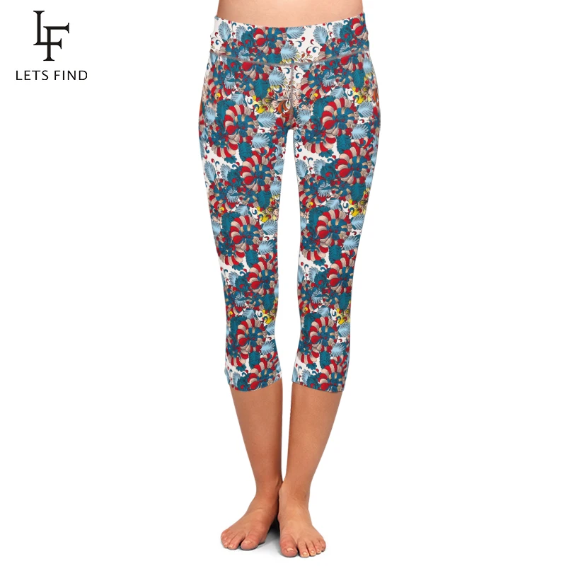 

Summer New 3D Colorful Flowers Print Women High Wasit Elasticity Pants Fashion Plus Size Fitness Mid-Calf 3/4 Polyester Leggings
