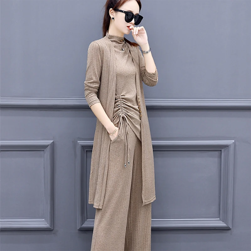 

Summer Knitted Suits for Women 3 Piece Set Wide Lege Pants and Long Cardigan Coat and Vest Pullover Tops Women Plus Size Clothes