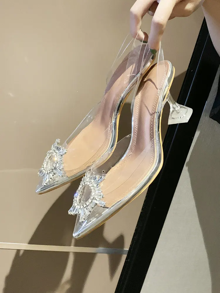 Г., летние женские элегантные туфли-лодочки туфли на очень высоком каблуке с украшением в виде кристаллов пикантные женские вечерние туфли под Клубное платье прозрачные шлепанцы, A196