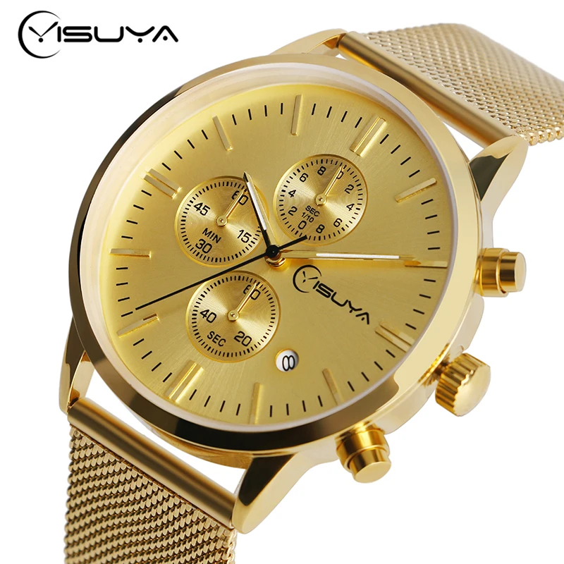 

YISUYA Luxury Golden Calender Date Day Quartz Analog Sport Formal Chronograph Top Quartz 6 Hands Wrist Watch