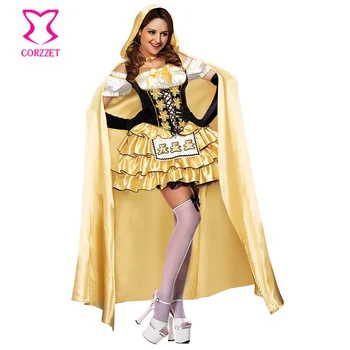 

Yellow Ruffled Satin Fairytale Dirndl Dress With Hooded Cloak Adult Sexy Goldilocks Costume Cosplay Halloween Costumes for Women