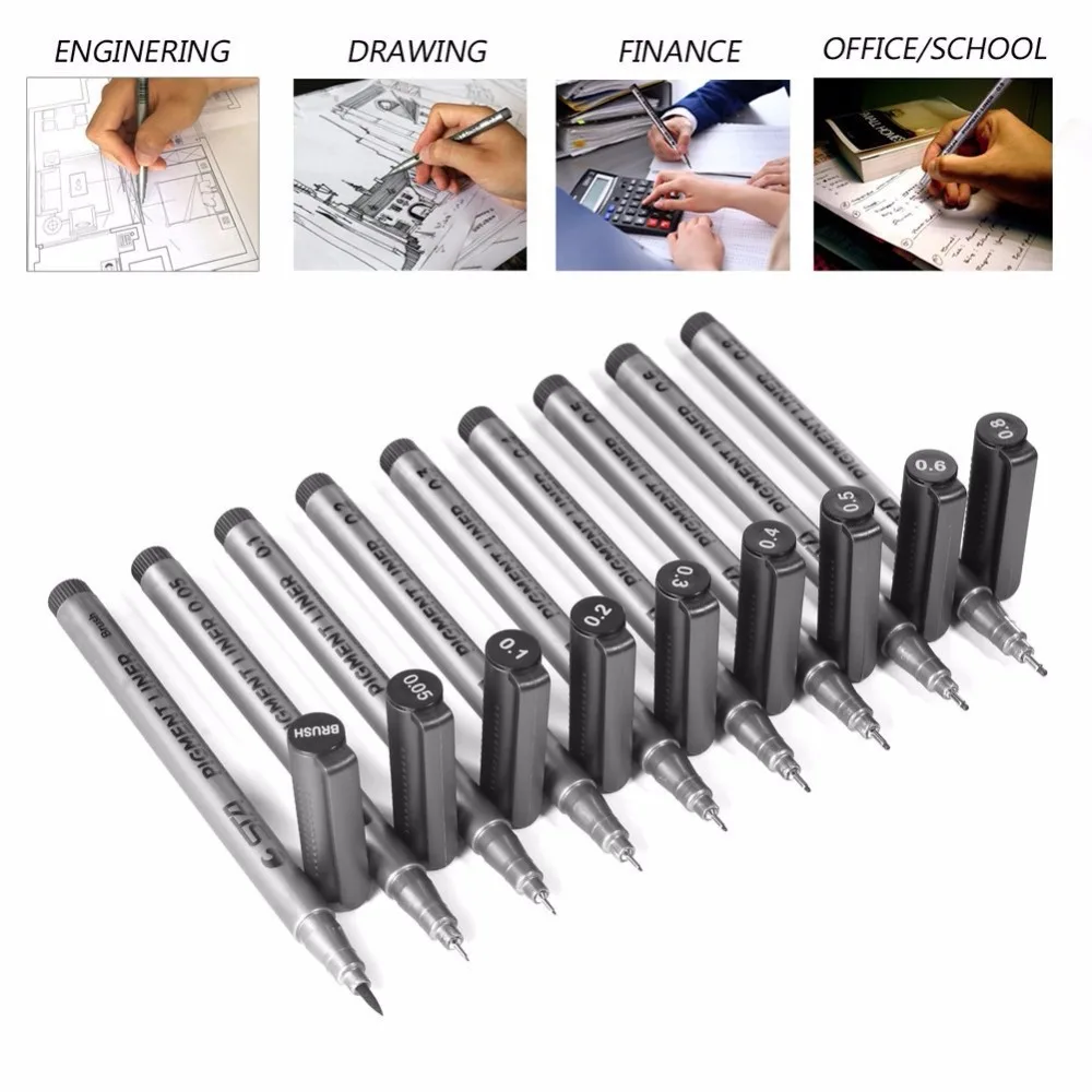 Billige 9 teile paket Pigment Liner Pigma Micron Tinte Feine Linie Pen Set 0,05 0,1 0,2 0,3 0,4 0,5 0,6 0,8 Pinsel, schwarz tinte