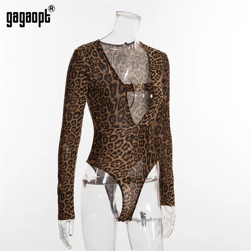 Gagaopt, леопардовое боди для женщин, бодикон, боди с длинным рукавом, глубокий v-образный вырез, сексуальный комбинезон, комбинезон, вечерние, клубная одежда