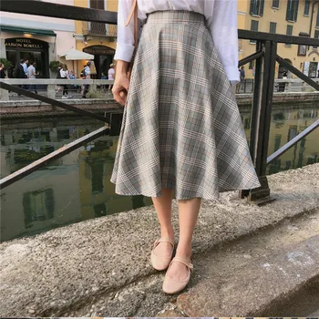 

Elastic waist Vintage Skirts Plus Size Harajuku New Korean Plaid Skirt Women High Waist School Girls mid carf Pleated skirt