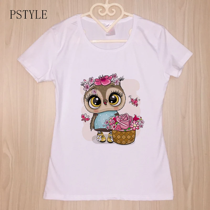

Summer Short Sleeve T shirt For Womens The Kawaii Owl Girls With Flowers Print Funny Tees Shirt Cartoon Cute Design White Top