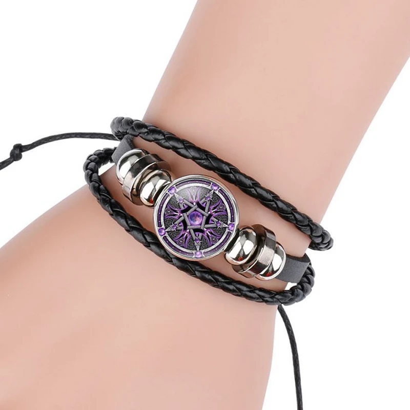 

Black Occult Star Sign Pentagram Satanic Pentagram Star Symbols Glass Leather Bracelets Men Women Jewelry