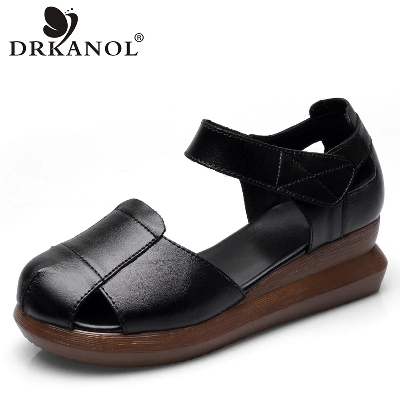 

DRKANOL Fashion Summer Shoes Women Sandals 2019 Round Toe Genuine Leather Wedges Sandals Ladies Thick Bottom Platform Sandals