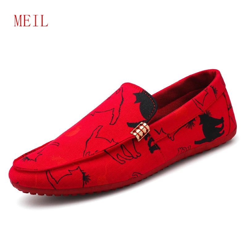

Designer Loafers 2019 Animal Prints Canvas Casual Shoes Men High Quality Flats Fashion Breathable Mens Slip On Red Shoe for Men