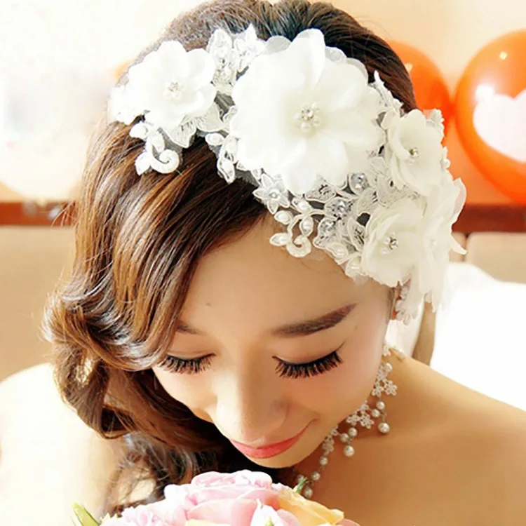 Encanto do casamento Hairwear Mulheres Rendas Artesanais Flores Brancas Casado Cocar de Noiva Imitação de Pérolas Acessórios de Cabeça para As Mulheres (4)