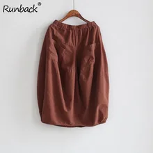 Runback/ Осенняя юбка, мешковатая юбка из хлопка и льна в стиле ретро, свободная однотонная Юбка-миди из хлопка и льна до середины икры