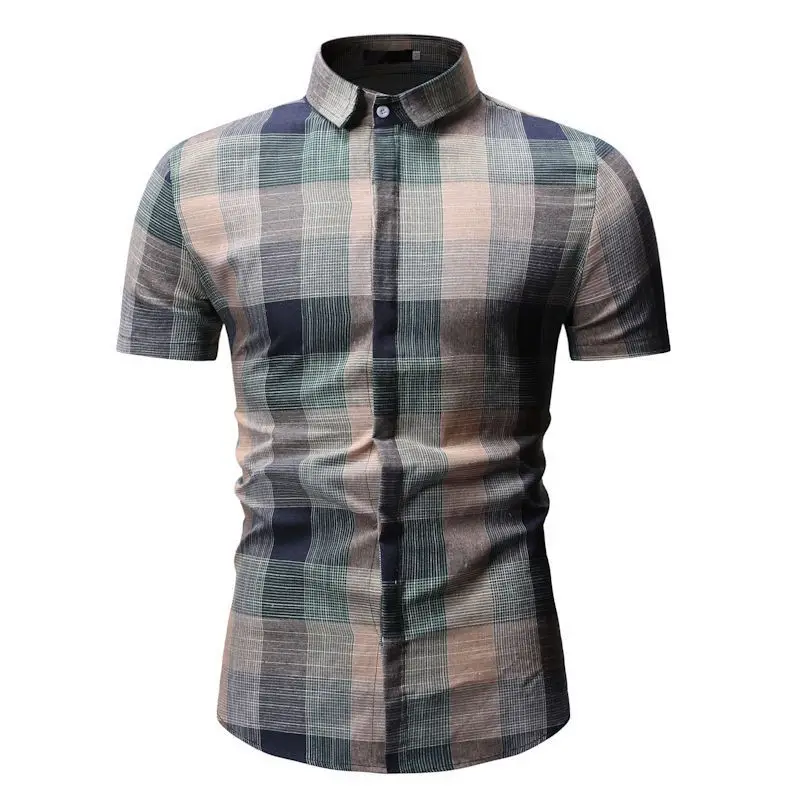 Chemise Homme Plaid Dress Shirts Mens Short Sleeve Button-Down Checkered Shirts 2019 Summer Fashions Men Blouse YS52 (4)