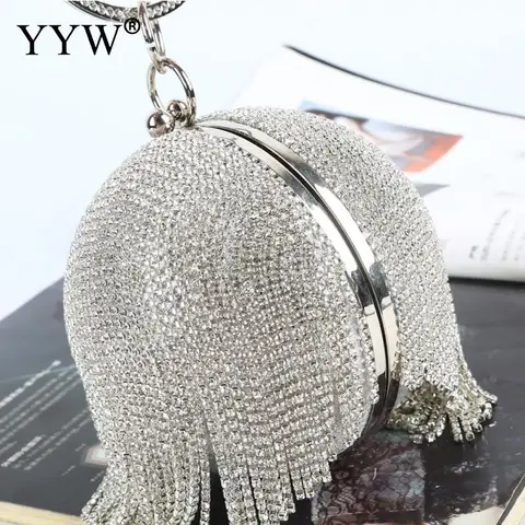 Bolsas de Noite para Mulher Sliver Bola Bolsa Embreagem Mini Borlas Diamantes Strass Anel Embraiagens Redonda 2020