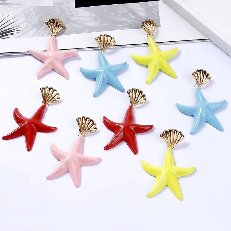 

Fashion Women Bohemian Style Gold Starfish Conch Cowary Shell Drop Earrings High Quality Shell Dangle Earrings For Women