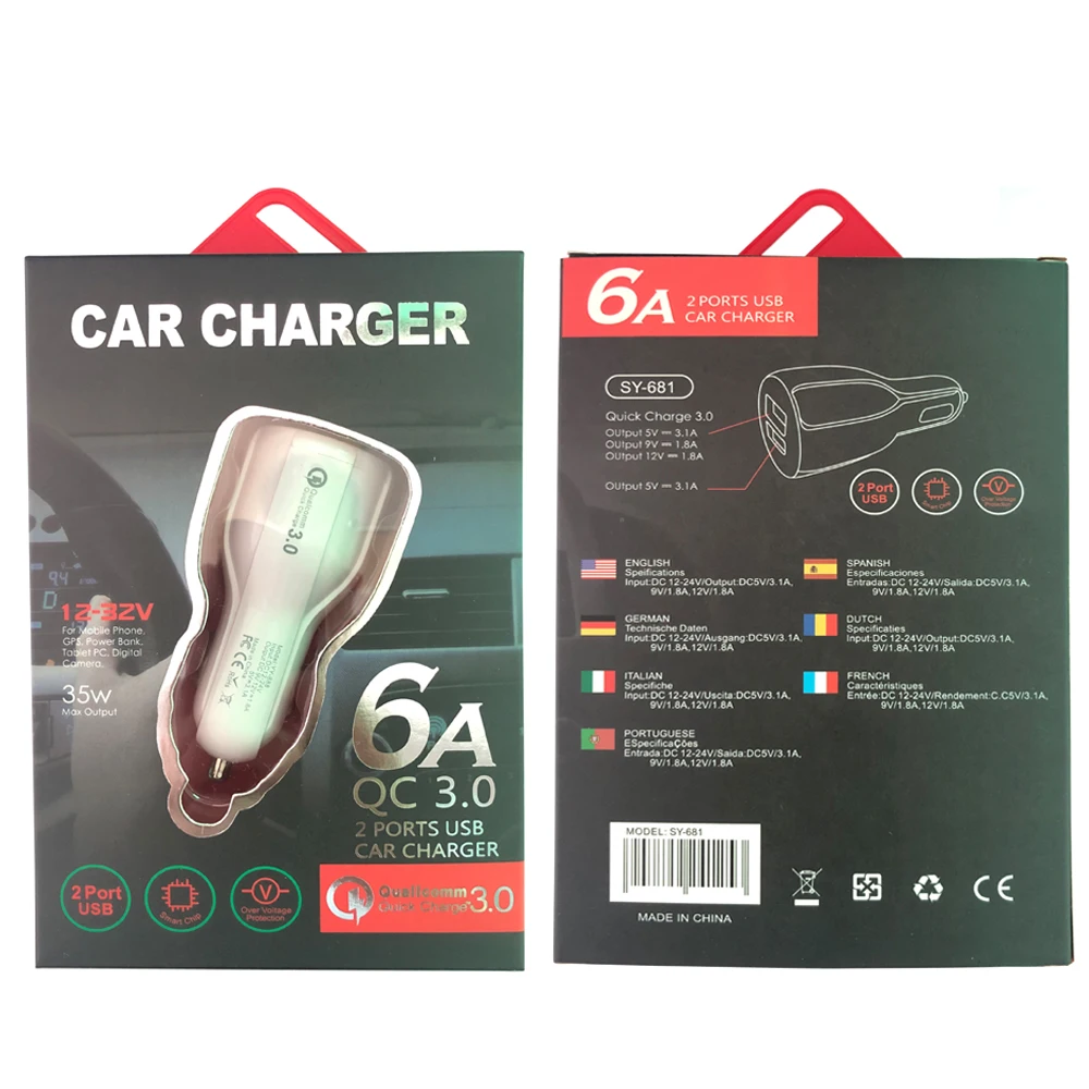 QC3.0 автомобильное зарядное устройство двойной USB 6A 25 Вт Quick Charge 3 0 для iPhone X Xiaomi Mi 9