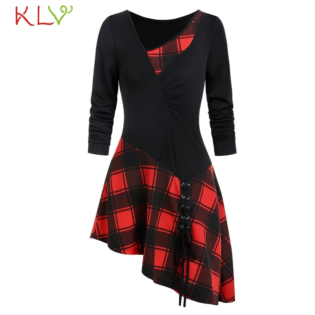 

T Shirt Women Vintage Plaid Splice Bandage Long Sleeve Tshirt Casual Winter Pullover Femme Top Tee Mujer Plus Size 2019 19Jul
