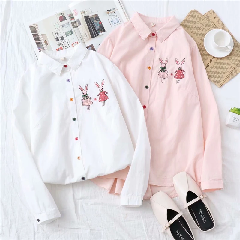 LUNDUNSHIJIA, новинка, весна-осень, модная женская розовая хлопковая блуза с вышитым кроликом и длинным рукавом, свободная женская рубашка