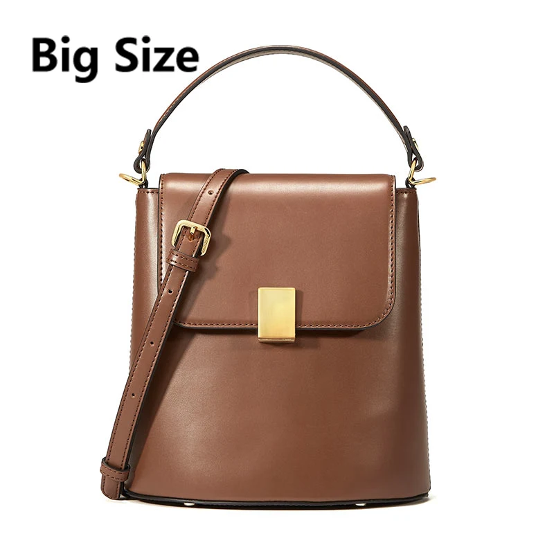 EMINI HOUSE висячий замок, сумка-ведро, женские сумки через плечо, для женщин, спилок, кожа, сплошной цвет, роскошные сумки, женские сумки, дизайнерские - Цвет: Dark Brown Big