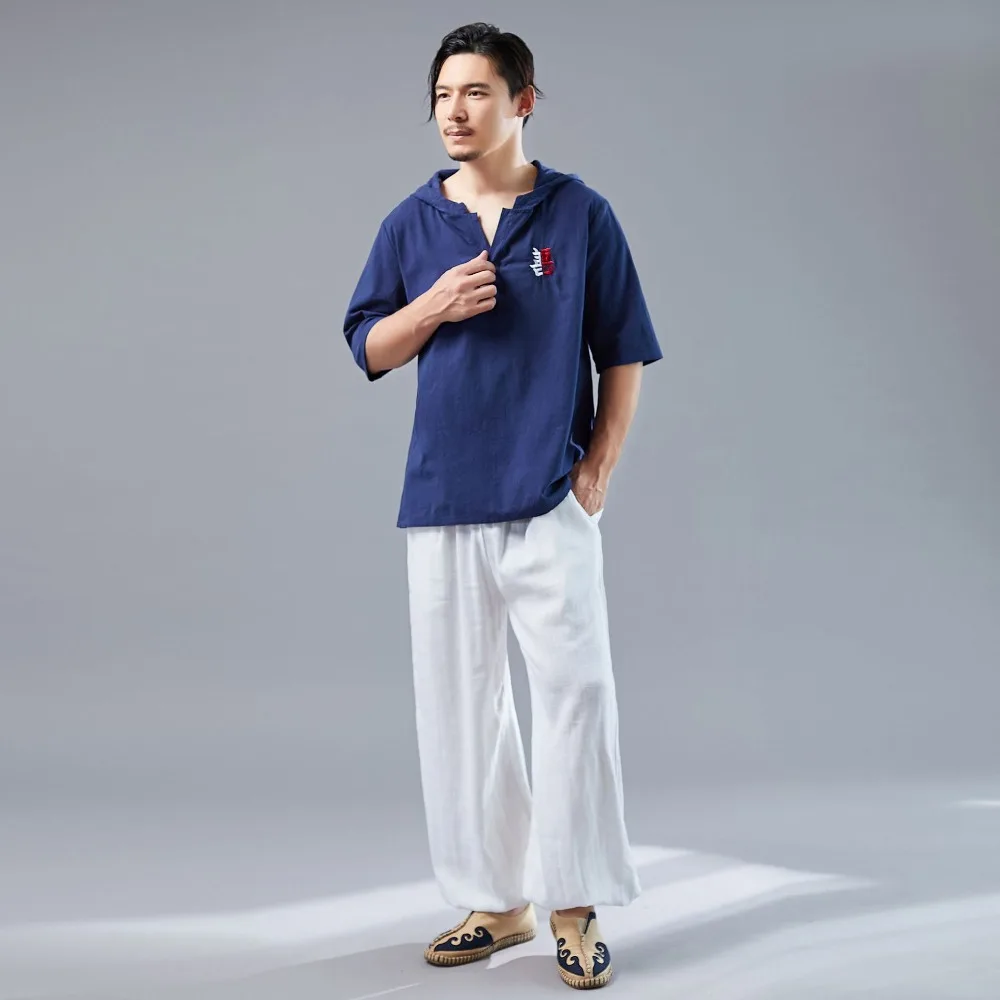 LZJN 2019 Men's Shirt Summer Style Hooded Short Sleeve Blouse Top Men New Casual Embroidery Cotton Linen Shirt Camisas De Hombre (17)