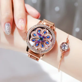 Luxury Women Watches Magnetic Stainless Steel Female Clock Quartz Rotating Wristwatch Fashion Ladies Wrist Watch reloj mujer burei women quartz wristwatch ladies designer clock luxury watches classic stainless steel date female watch gift 2016 hot sale