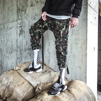 

Mens Camouflage Ribbons Multi Pockets Patchwork Pants Hip Hop Harem Pants Men Casual Streetwear Slim Trousers Joggers Sweatpants
