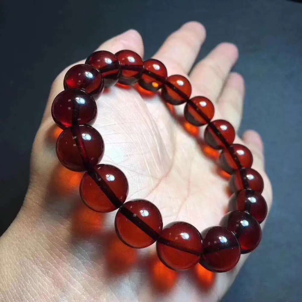 

Certificate Natural Blood Amber Bracelet Women Party Gift Stretch Crystal 11mm Stretch Round Beads Bracelet Healing Jewelry