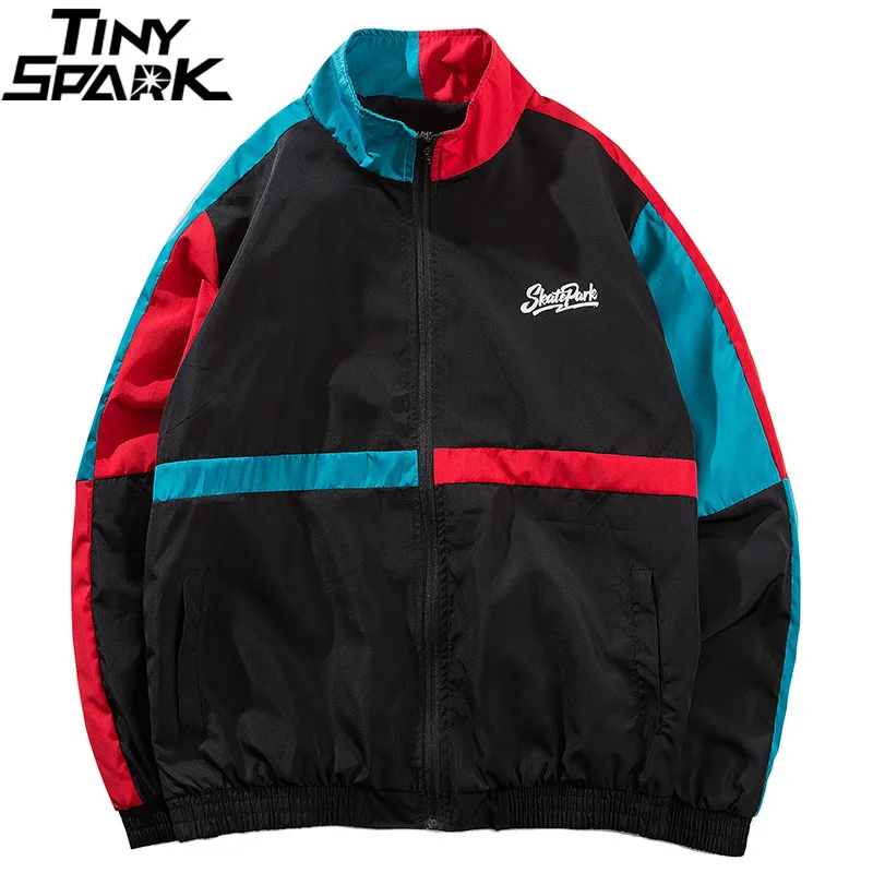 

Hip Hop Mens 2018 Autumn Windbreaker Jacket Vintage Color Block Patchwork Jackets Coats 90s Casual Track Jackets Full Zipper Up