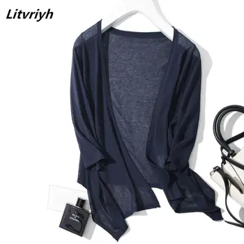 

Litvriyh summer linen knitted sweaters women cardigan short style V-neck half sleeve thin cardigan women sweaters female knitted
