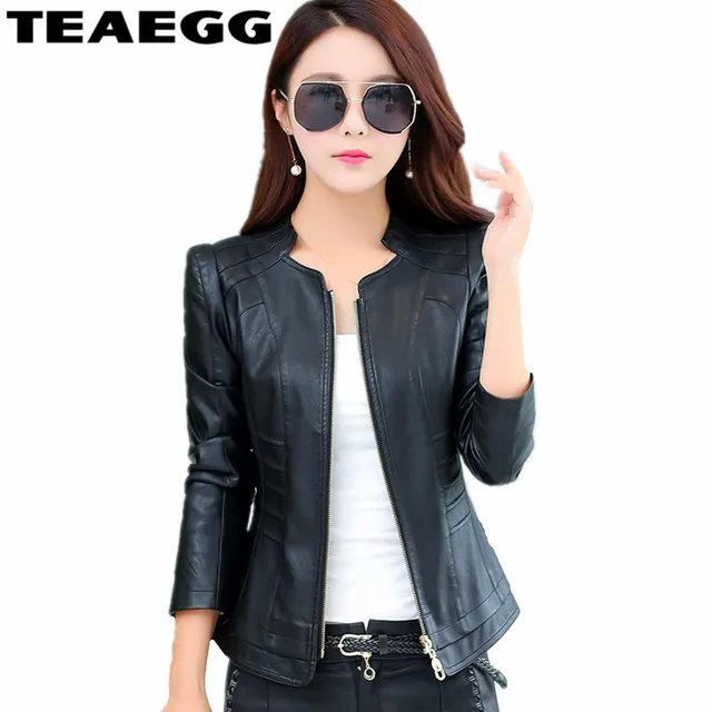 TEAEGG Slim Autumn Jacket Leather Woman 2017 Black Leather