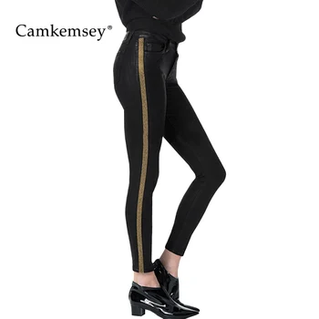 

CamKemsey Classic High Waist Black Jeans Woman S-3XL Plus Size Fashion Side Striped Stretch Skinny Jeans Female Slim Denim Pants