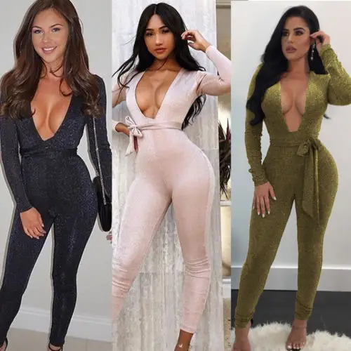 

Hot Sexy Women Bodysuits 2017 Fashion New Brand Ladies Clubwear Deep V Neck Soft Skinny Bodycon Party Long Jumpsuit Trousers