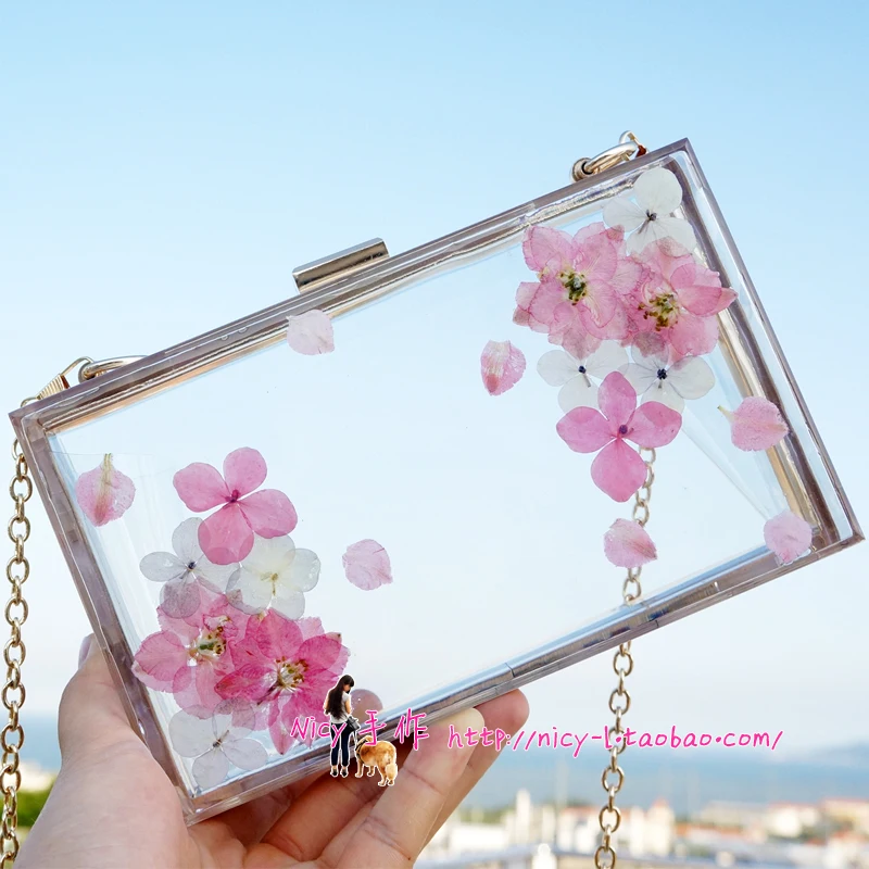 

Women Evening Bags Flower Wedding Party Pearl Flower Bride Handbag Crossbody Clear Hard Box Clutch Transparent Chain Bag