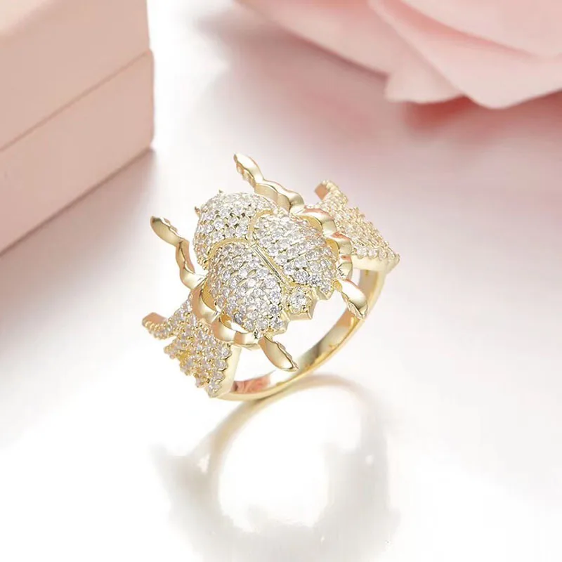 

SLJELY 100% 925 Sterling Silver Full Micro Cubic Zirconia Gold Color Scarab Finger Ring Monaco Egypt Women Luxury Brand Jewelry