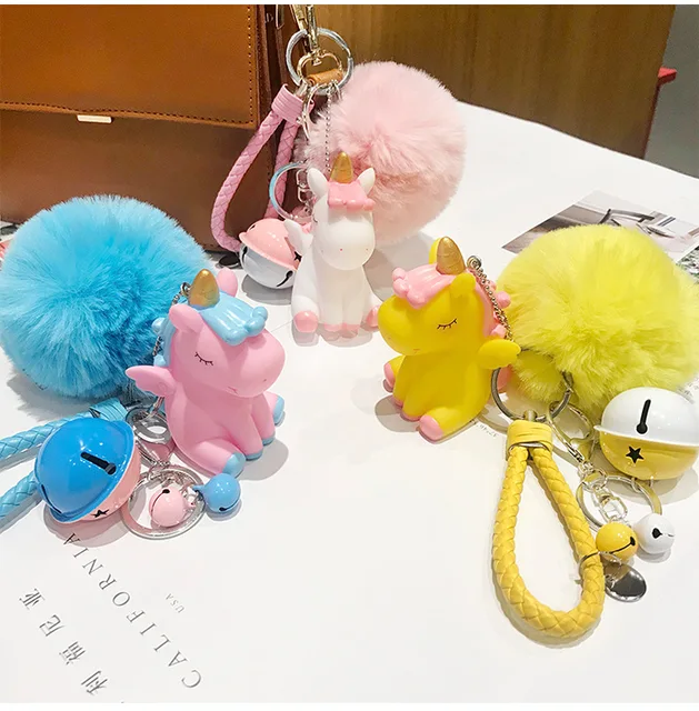 Cute Plush Pompom Unicorn Keychain Round Ball Pom Pom Faux Rabbit Fur Key  Chain Trinket Car Bag Bell Key Ring Gift Porte Clef - AliExpress