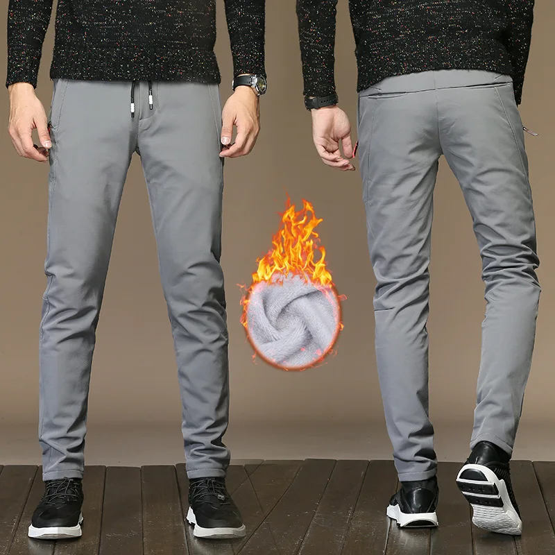 

Mens Fashion Slim Fit Winter Fleece Pants Elastic Waist Zipper Warm Trousers Black green Grey Casual Joggers Pants Size 28-36