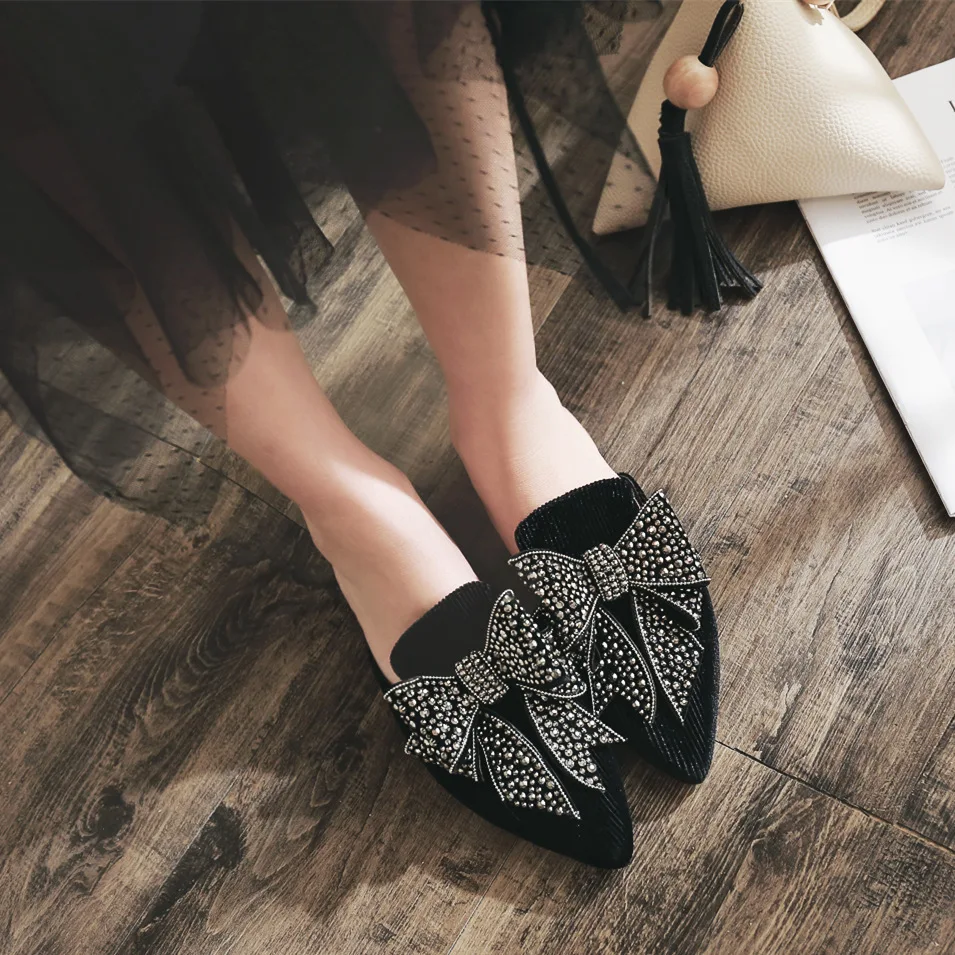 

Koovan Women's Bow Slippers Spring 2019 New Butterfly Knot Diamond Pointed Flat Slippers Female Half Slippers Mueller Shoes
