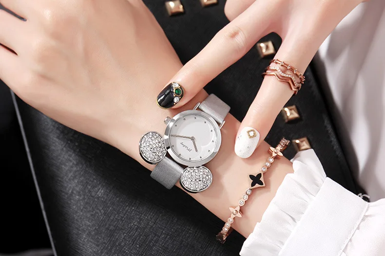 New Disney Watch Women Cute Mickey Mouse Gold Girls Watches Fashion Casual Rhinestone Waterproof Leather Luxury Hot - Цвет: Silver