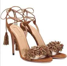 Hot Sexy Brown Genuine Leather Ankle Strap Shoes Peep Toe Thin Heels Back Strap Women's Shoes Fringe Lace-Up Ladies Sandals hot selling american and european sexy black leather sandals peep toe chain fringe amazing party dress shoes