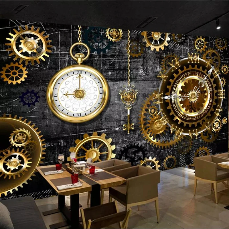 

beibehang 3D three-dimensional European and American gold gear clock mural background wall custom large mural green wallpaper
