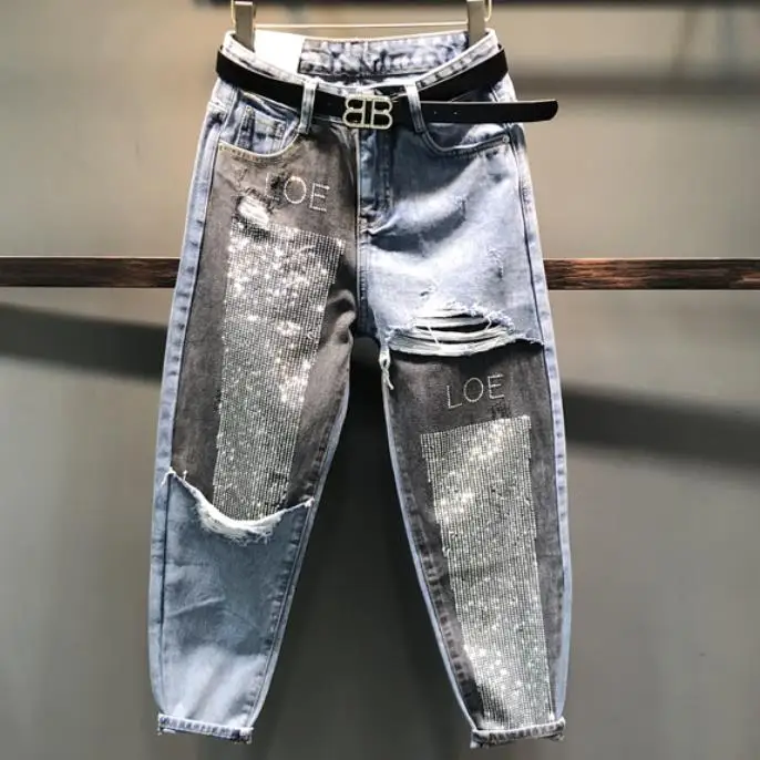 Koop Lente herfst mode AB gezicht hit kleur stiksels jeans vrouwen diamant enkellange hoge taille harembroek