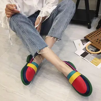 

Spring/Autumn British Style Slip On PU Leather Women Round Toe Rainbow Mixed Color Flat Heels Platform Shoes Woman Oxford Shoes
