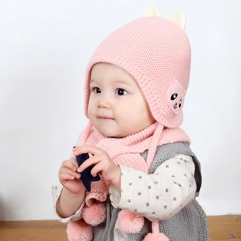 

2018 New Baby Kid Winter Knitted Cute Bear Earmuffs Beanie Cap Scarf Set Fluffy Pompom Ball Hat
