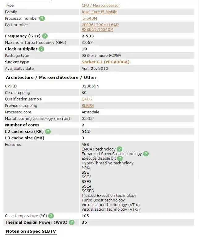 Процессор Intel Core i5-540M i5 540M Ноутбук Процессор PGA 988 CPU