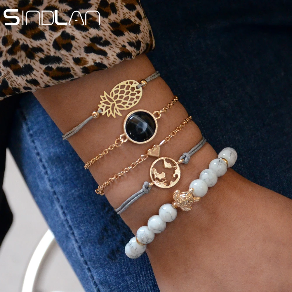

Sindlan 5PCs Ethnic Pineapple Turtle Charm Bracelets for Women Link Chain Gold Boho Bangles Bracelets Pendants Wristband Jewelry