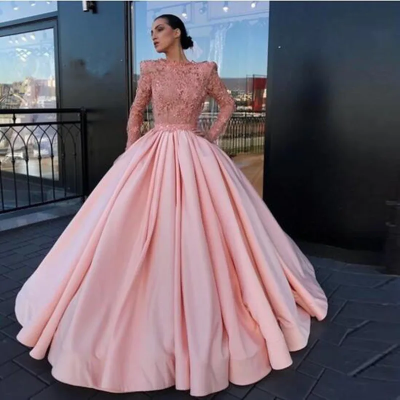 

Pretty Pink Dubai Saudi Arabic Long Evening Formal Dresses 2019 Ball Gown Puffy Fashion Long Sleeve Beaded Satin Prom Party Gown