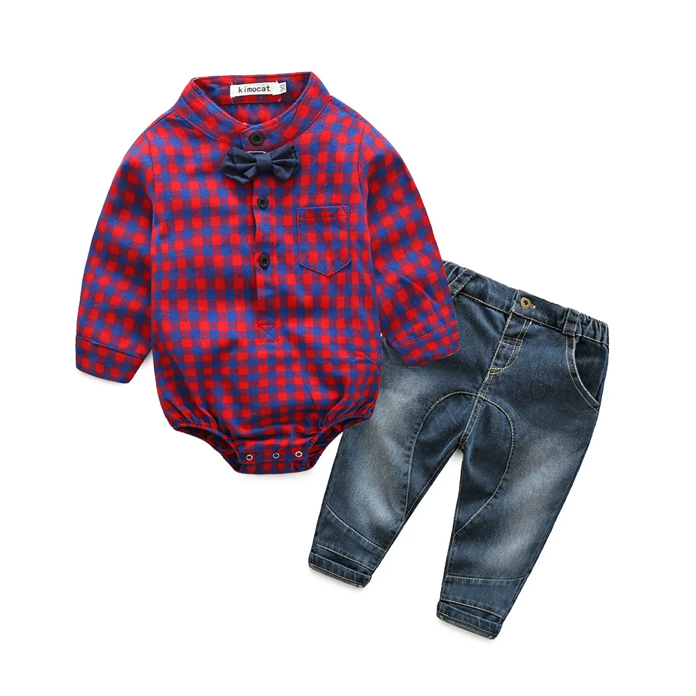 

Spring boys cotton long sleeve palid bodysuit +jeans 2pcs set fashion spring gentleman kids clothes handsam boys outwear 18M06