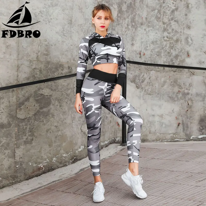 

FDBRO Camouflage Printed Hooded Yoga Clothes Breathable Running Sports Tight Yoga Leggings Outdoor Fitness Woman Slim Suit