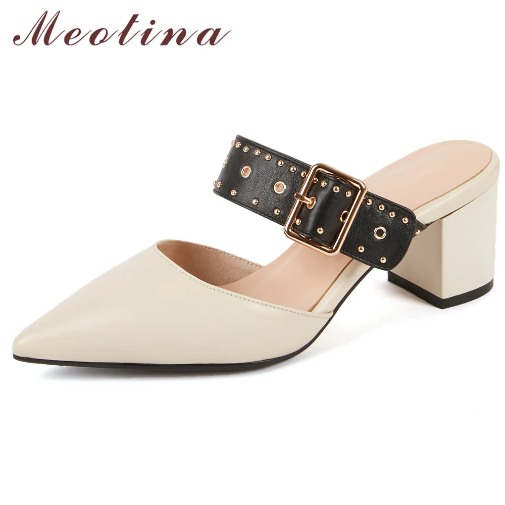 

Meotina Summer Slippers Women Mules Shoes Natural Cow Leather Thick Heels Shoes Genuine Leather Rivet Pointed Toe Slides Size 40