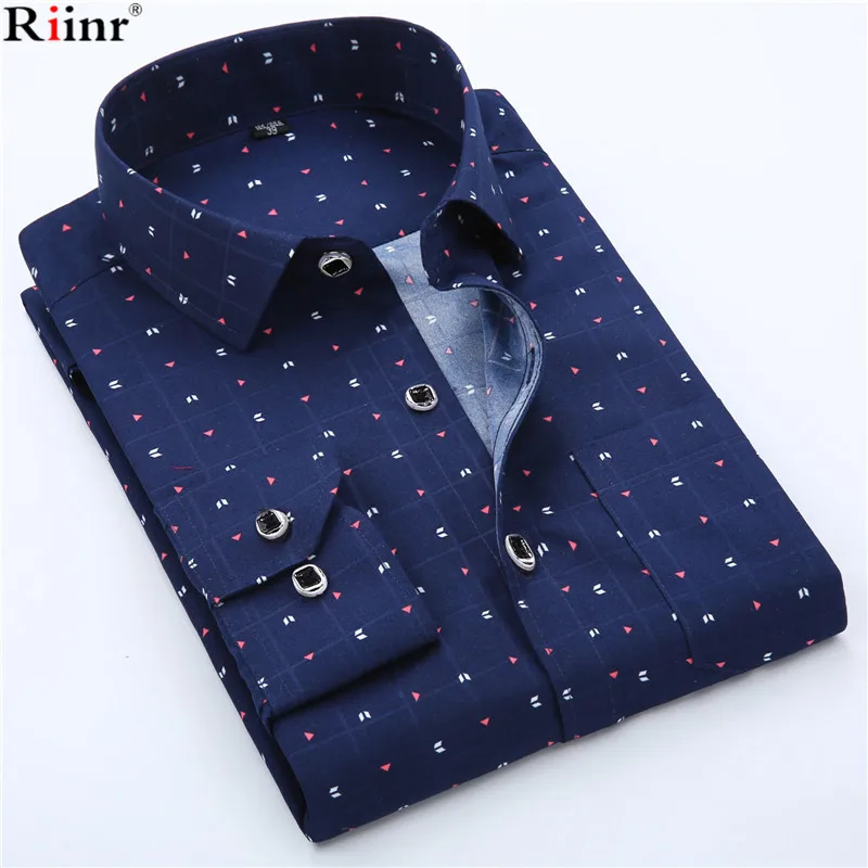 

Riinr Brand High Quality Men Shirt Spring New Long Sleeve Turn-Down Collar Dress Dot Print Casual Shirt Men Camisas Size M-5XL