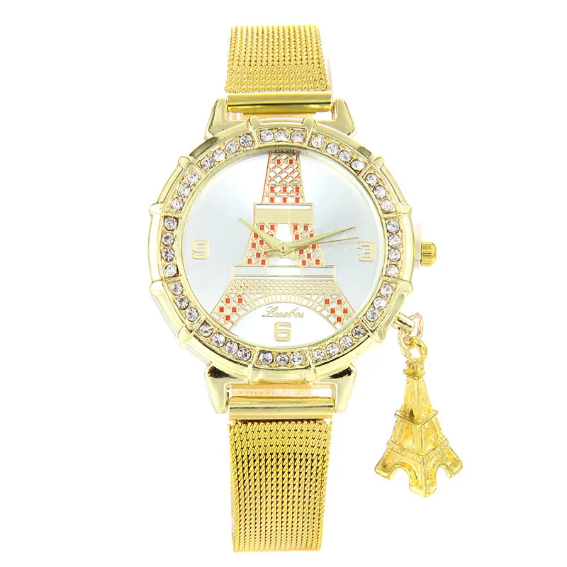 

Good quality IP golden plating stainless steel Ladies watches tower Pendant alloy quartz wristwatches womens' best gift