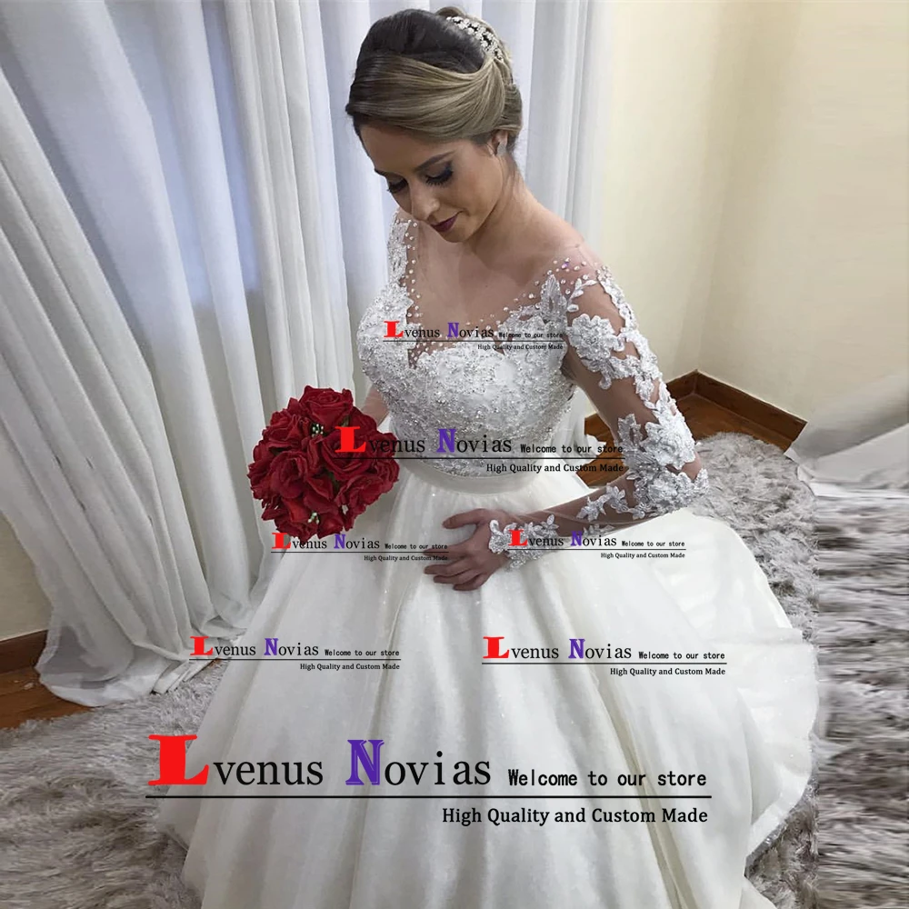 

Vestido De Noiva 2019 Gorgeous Beaded Bride Dresses White Appliques Long Sleeve Wedding Dress Ball Gown Robe De Mariage Gelinlik
